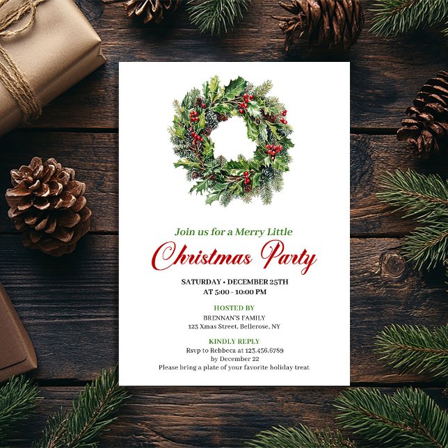 Convites Minimalist Pine Wreath Christmas Party Card (Minimalist Pine Wreath Christmas Party Card)