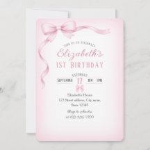 Minimalist Pink Bow First Birthday Invitation