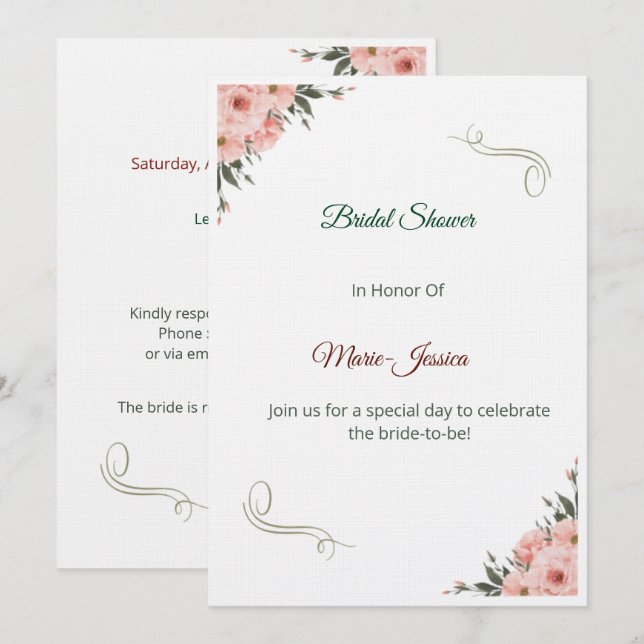 Convites Minimalist Pink Floral Bridal Shower Invitation,  (Frente/Verso)