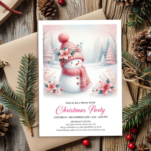 Convites Minimalist Pink Snowman Kids Editable Digital Xmas (Minimalist Pink Snowman Kids Editable Digital Christmas Invitation

)