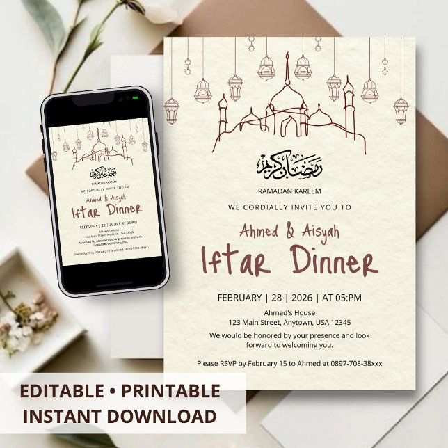 Convites Minimalist Ramadan Kareem Iftar Dinner Invitation (Criador carregado)