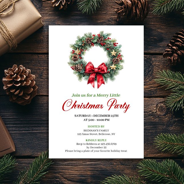 Convites Minimalist Red Green Christmas Wreath Party Card (Minimalist Red Green Christmas Wreath Party Card)