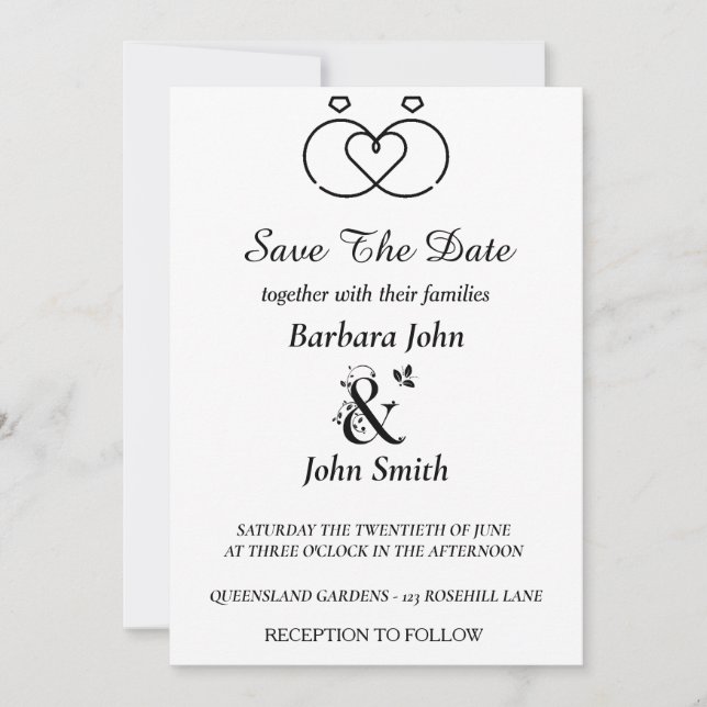 Convites Minimalist Rings Heart Wedding Save The Date  (Frente)