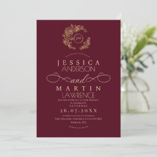 Convites Minimalist Romantic Script Burgundy Gold Wedding 