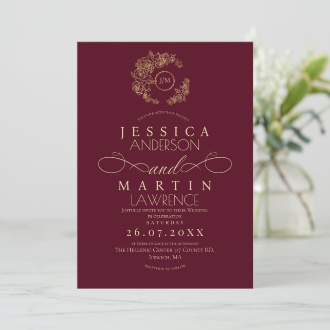 Convites Minimalist Romantic Script Burgundy Gold Wedding  (Em pé/Frente)