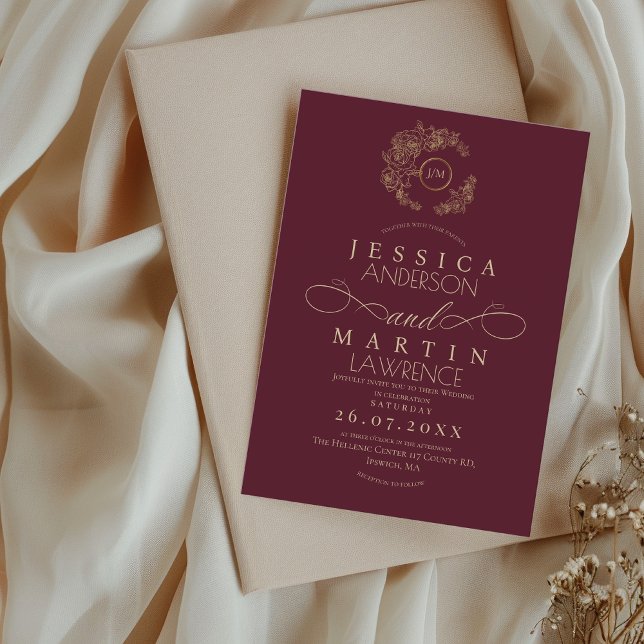 Convites Minimalist Romantic Script Burgundy Gold Wedding  (Criador carregado)
