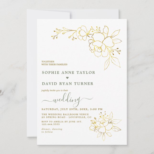 Convites Minimalist Sage Green Gold Flowers Wedding (Frente)