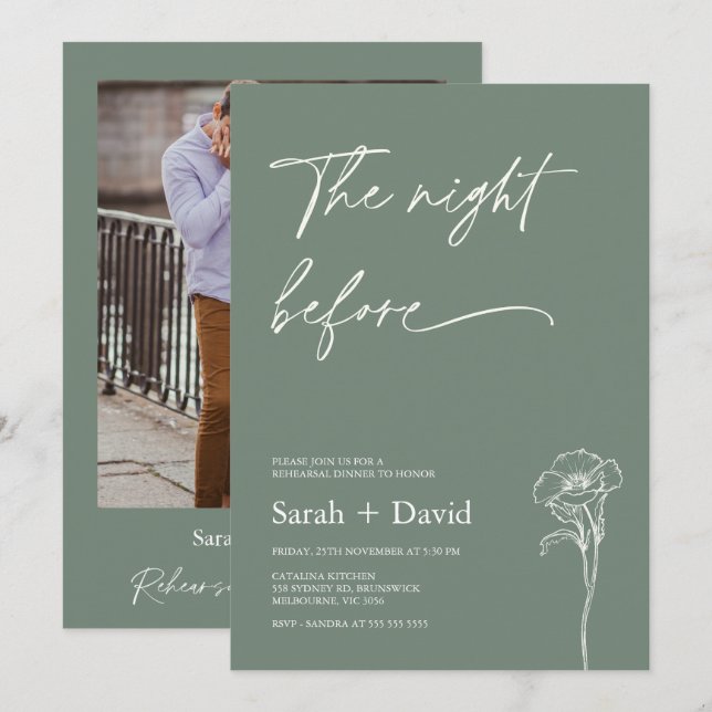 Convites Minimalist Sage Photo Floral Rehearsal Dinner  (Frente/Verso)