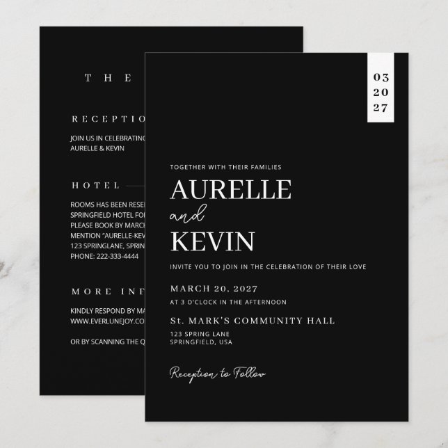 Convites Minimalist Simple Elegant Black QR Code Wedding (Frente/Verso)