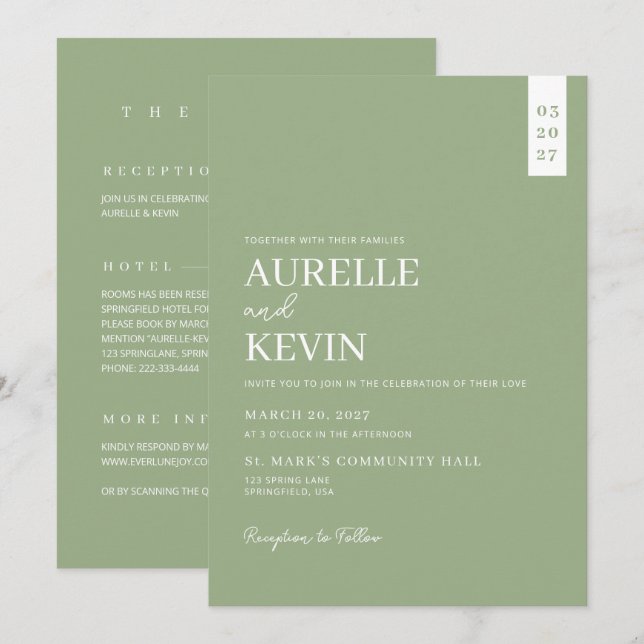 Convites Minimalist Simple Elegant Sage QR Code Wedding (Frente/Verso)