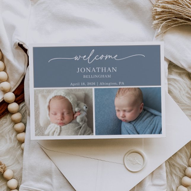 Convites Minimalist Slate Blue Photo Baby Announcement Card (Criador carregado)