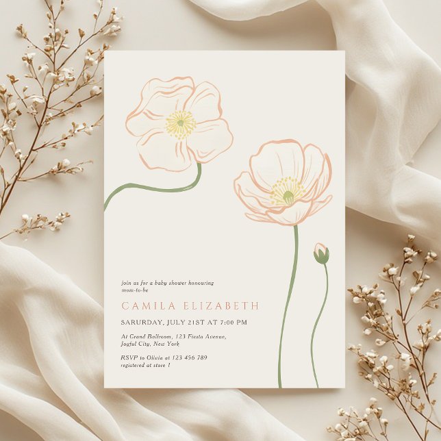 Convites Minimalist Soft Peach Poppy Wildflower Baby Shower (Criador carregado)