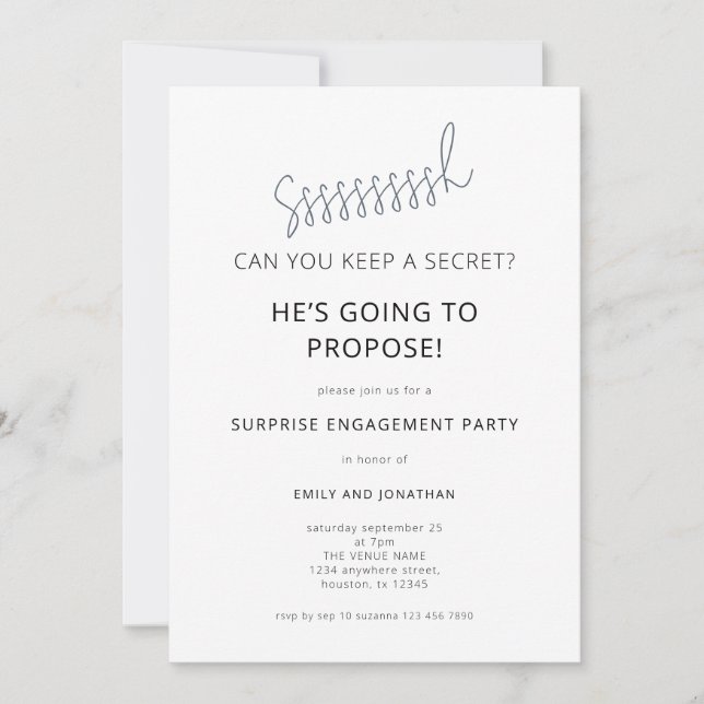 Convites Minimalist Surprise Black White Engagement Party (Frente)