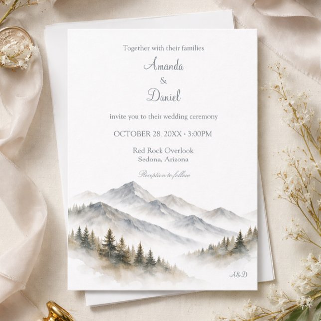 Convites Minimalist Watercolor Mountain Wedding Pine Tree (Criador carregado)