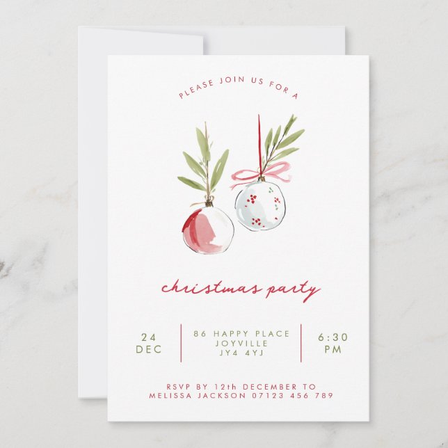 Convites Minimalist Watercolor Ornaments Christmas Party (Frente)