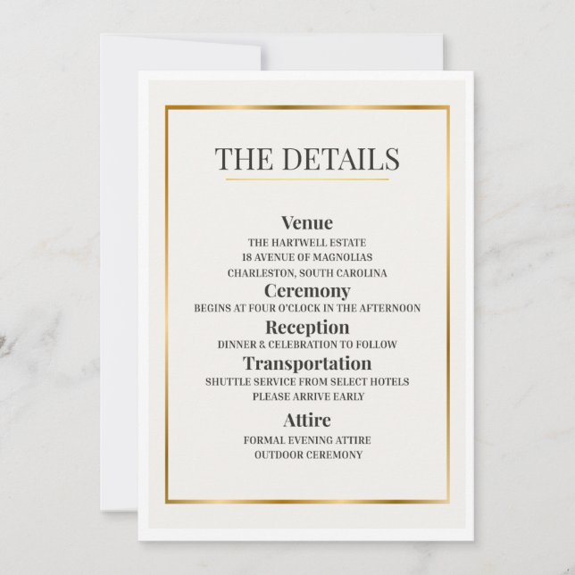 Convites Minimalist Wedding Details Card – Gold Border (Frente)