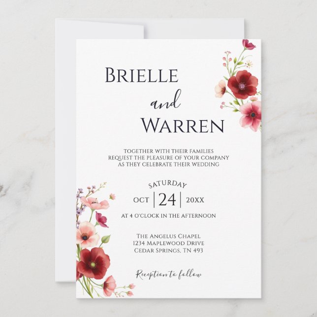 Convites Minimalist Wedding Invitation Wild Flowers (Frente)