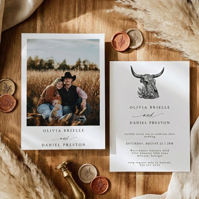 Convites Minimalist Western Cow Skull Rustic Photo Wedding (Criador carregado)