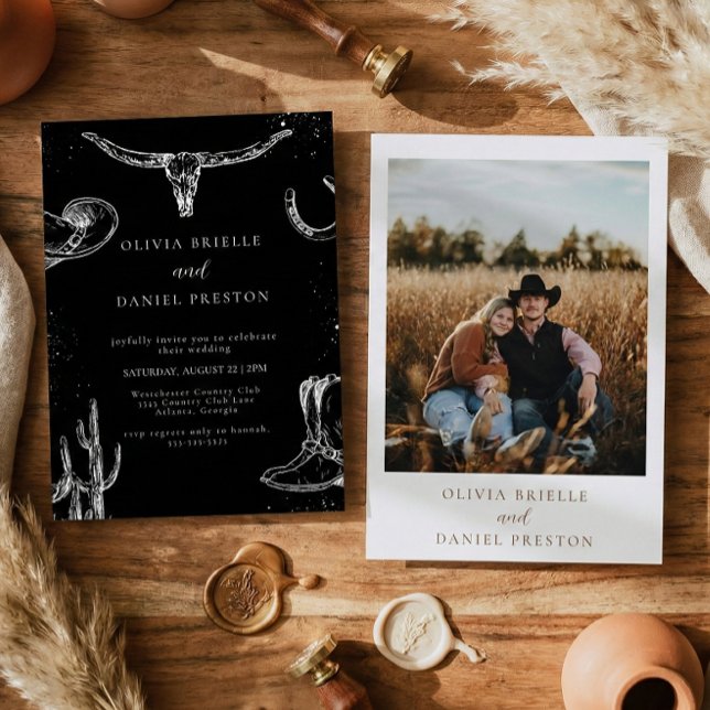 Convites Minimalist Western Rustic Photo Black Wedding (Criador carregado)