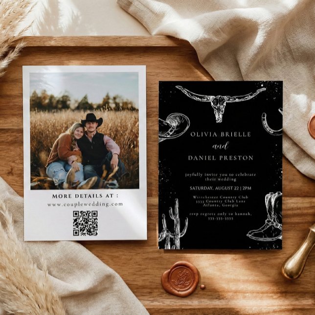 Convites Minimalist Western Rustic Photo Qr Code Wedding (Criador carregado)