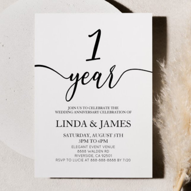 Convites Minimalist White Black 1st Wedding Anniversary (Criador carregado)