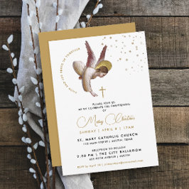 Convites Minimalista Anjo de Batismo em Ouro Branco Elegant