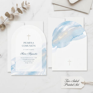 Convites Minimalista Azul Aquarela Primeira Comunhão Espanh