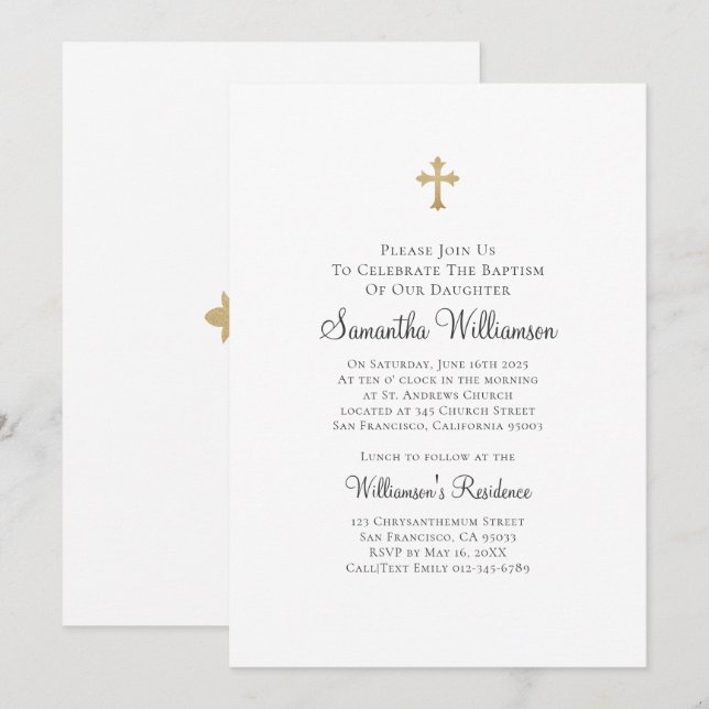 Convites Minimalista com Faux Dourado Cross Baptismal (Frente/Verso)