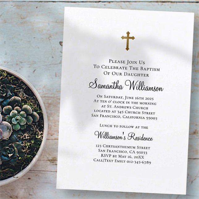 Convites Minimalista com Faux Dourado Cross Baptismal (Criador carregado)