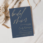 Convites Minimalista de Script Azul do Marinho chá de panel<br><div class="desc">Marinho minimalista,  Chá de panela azul e Elegante Dourado e moderno para o outono traseiro (outono),  inverno,  Primavera ou convites para o Verão - inclui uma bela e elegante tipografia de script para a celebração especial da Noiva ser antes do casamento.</div>