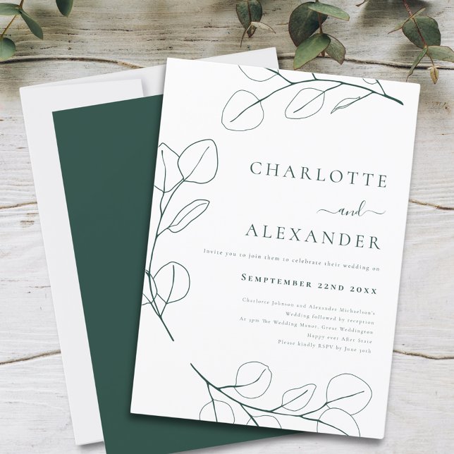 Convites Minimalista do Eucalipto Verde Moderno (Modern Simple leaf drawing dark green wedding invitation with elegant typography script )