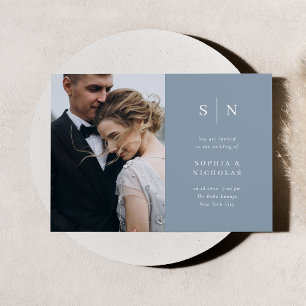 Convites Minimalista e Chic Casamento de Foto Azul Empoei