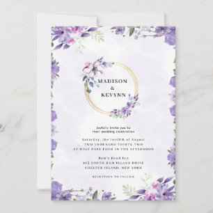 Convites Minimalista e Chic Floral Roxo Dourado Casamento
