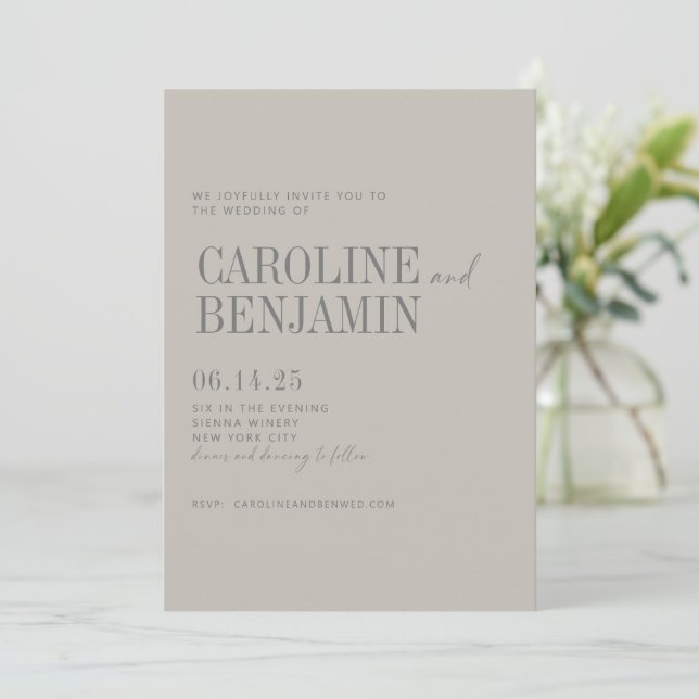Convites Minimalista Elegante Cinza Taupe Script Casamento  (Em pé/Frente)