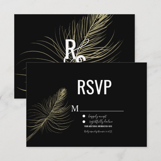Convites Minimalista Faux Dourado Pena Boêmio RSVP (Frente/Verso)