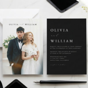 Convites Minimalista Foto de Casamento Elegante Preto e Bra