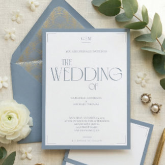 Convites Minimalista Monograma Elegante Casamento Azul Empo