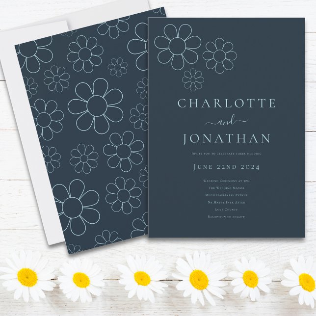 Convites Minimalista Retro Daisy Azul (Minimalist retro daisy blue wedding invitation )