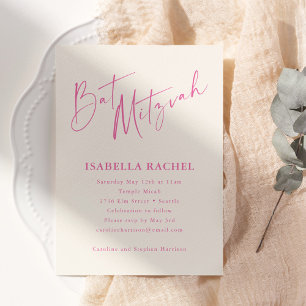 Convites Minimalista Rosa Quente Creme Moderno Bat Mitzvah