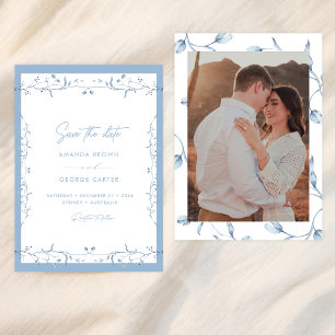 Convites Minimalista Save the Date Floral Chinoiserie Azul