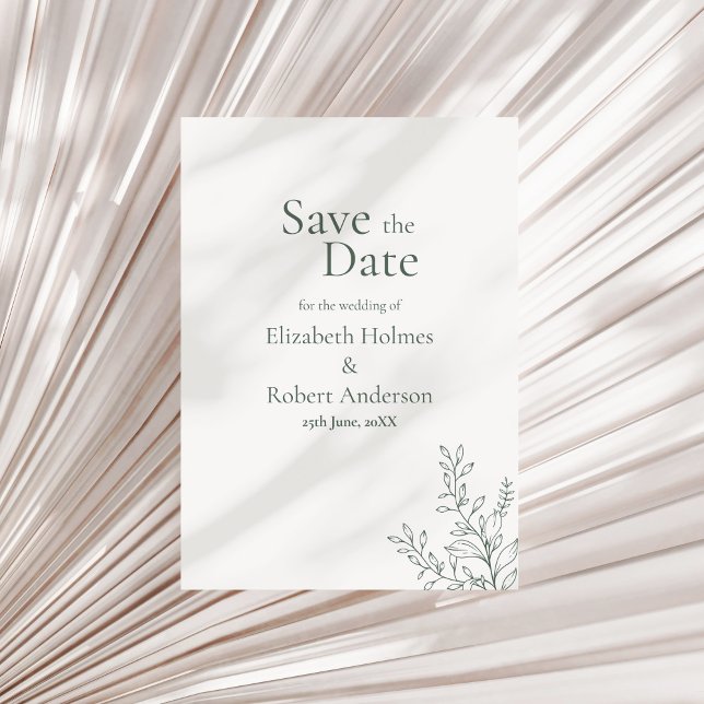 Convites Minimalista Verde Sage Botânico Save the Date (Minimal Sage Green Botanical Save the Date Invitation on a neutral dry palm leaf.)