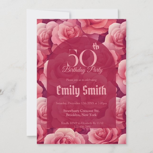 Convites Minimalistic Rose Floral 50Th Birthday (Frente)