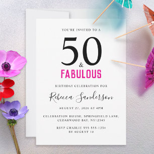 Convites Mínimo 50 e Fabuloso Aniversário de 50 anos Rosa