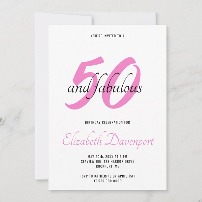 Convites Mínimo 50 e Fabuloso Aniversário Preto e Rosa (Frente)
