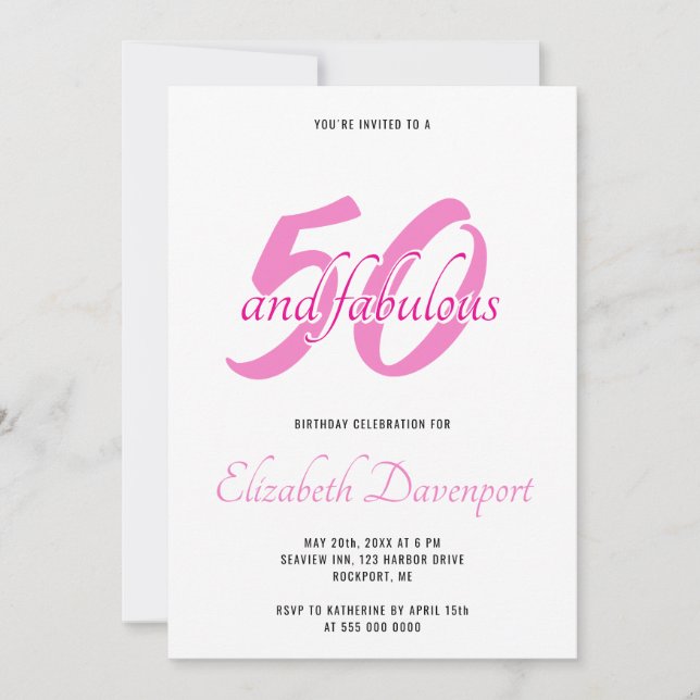 Convites Mínimo 50 e Fabuloso Aniversário Preto e Rosa (Frente)