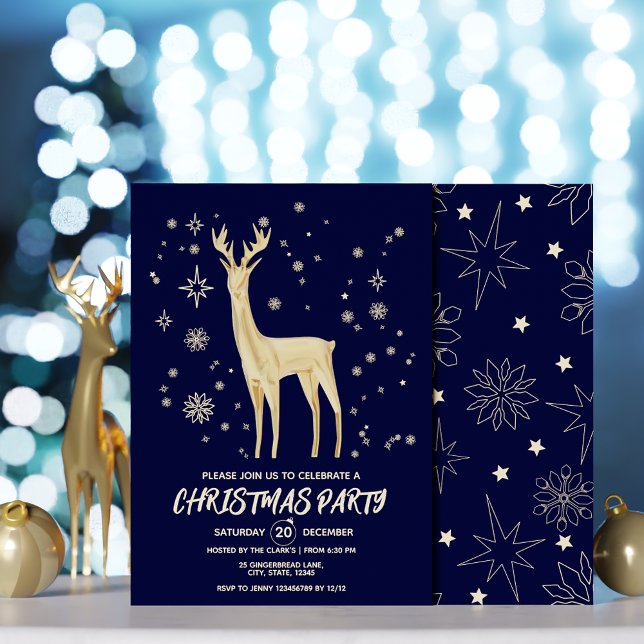 Convites Mínimo azul escuro e ouro Elegante xmas (Minimalist dark blue and gold Elegant Deer xmas Invitation)