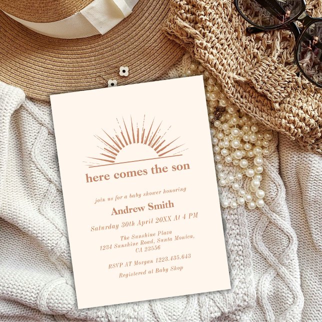 Convites Mínimo Boho Vem O Chá de fraldas Filho (Minimal Boho Here Comes The Son Baby Shower Invitation)