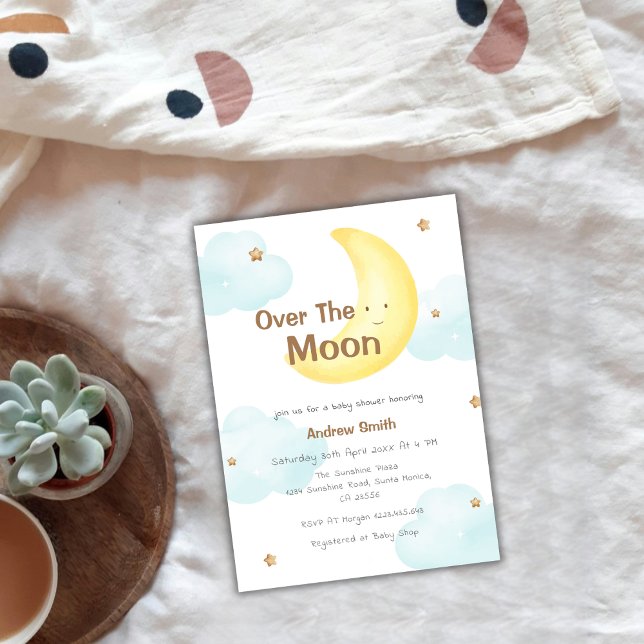 Convites Mínimo Bonito Sobre O Chá de fraldas Da Lua (Cute Minimalist Over The Moon Baby Shower Invitation)