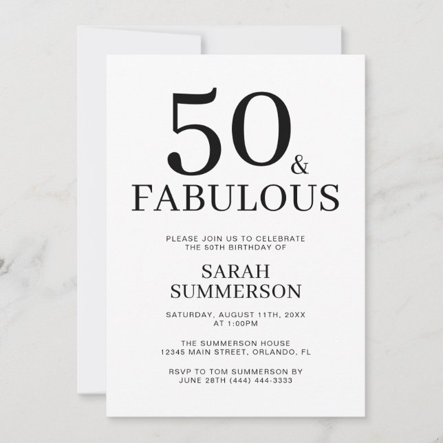 Convites Mínimo Cinquenta e Fabuloso Aniversário de 50 Anos (Frente)