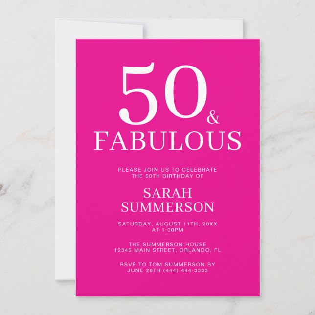 Convites Mínimo Cinquenta Fabuloso Rosa Aniversário de 50 a (Frente)
